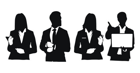 Silhouette of business people, both men and women, in various poses. Silhouette business