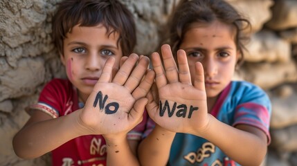 Hands of Hope. Two innocent children expressing the impactful message of "No War" as a plea for world peace