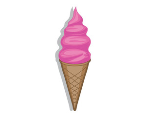 vector design of a cartoon illustration of ice cream with a handle made of brown cone-shaped cake and pink cream in the shape of a spiral conical upwards