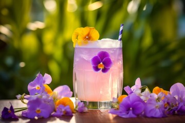 Cold Infused detox water with edible flowers. Refreshing summer drink. Butterfly pea or blue pea juice ice cool drink with lime on wooden table.