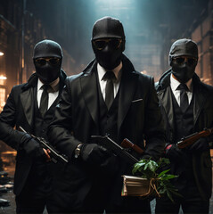 Three robbers pose with their weapons and their loot - obrazy, fototapety, plakaty