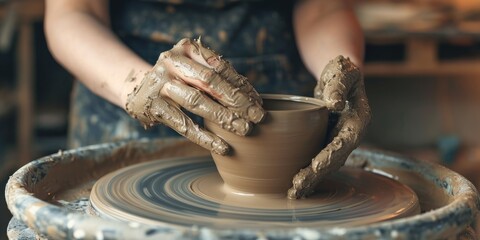Dirty hands of young woman working on a pottery wheel sculpting mug with ceramic clay - Powered by Adobe