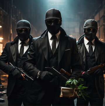Three robbers pose with their weapons and their loot