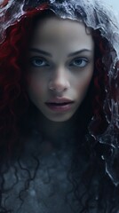 A woman with red hair and blue eyes
