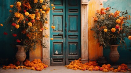 A blue door with orange flowers in front of it