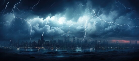 City illuminated by lightning, stormy clouds overhead.