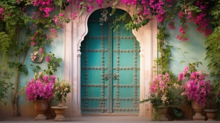 Fototapeta na wymiar A blue door surrounded by pink flowers and potted plants