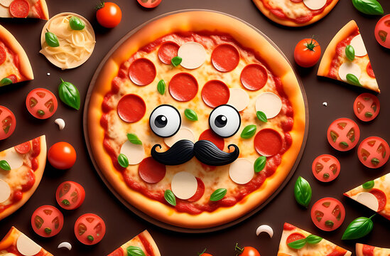 Cartoon pizza with mustache and eyes. Pizza with salami, mozzarella and basil leaves
