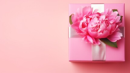A pink gift box with a pink flower on it