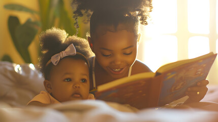 young black girl reading story book to her baby sister - obrazy, fototapety, plakaty