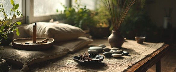 Tranquil Meditation Space with Incense and Zen Garden. serene mindfulness corner featuring meditation cushions, burning incense sticks, calming stones, spiritual and mental wellness.