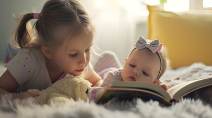 young girl reading story book to her baby sister