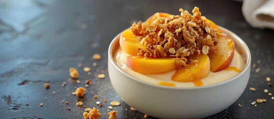 Peach dessert with crispy oats and dehydrated fruit