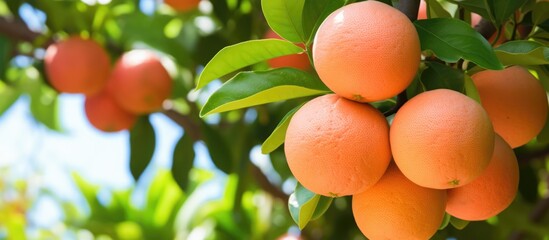 Cluster of grapefruits on a tree.