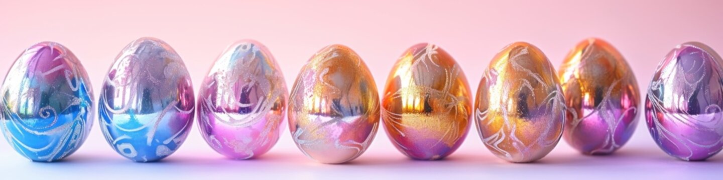 A row of metallic colored easter eggs sitting in a row