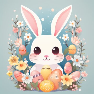 A cartoon bunny with easter eggs in a wreath of flowers