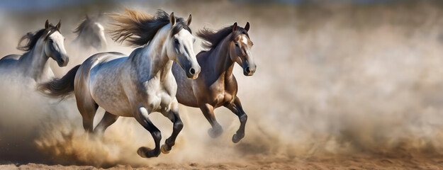 Herd of horses running through a dusty trail. Powerful mares gallop energetically through a cloud of dust with a dynamic sense of movement and freedom. Panorama with copy space.