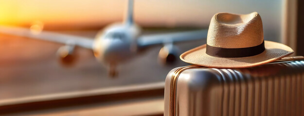 Straw hat resting on a metallic suitcase at an airport. Modern luggage with a blurred airplane and sunlight in the distant view. Panorama with copy space. Travel destination.