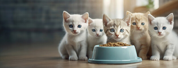Adorable Kittens with Mesmerizing Blue Eyes Gathered Around a Food Bowl. A group of charming cats attentively focuses on camera. Panorama with copy space. - obrazy, fototapety, plakaty