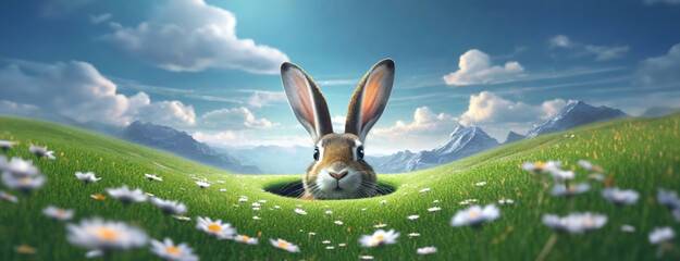 Curious Rabbit Peeking Out from a Burrow in a Lush Meadow with Mountains. A delightful Easter Bunny emerges from its burrow to survey the expansive meadow. Panorama with copy space.