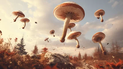 Crédence de cuisine en verre imprimé Forêt des fées illustration of the mushrooms on the background of a forest in autumn, a beautiful background. 3 d render. illustration