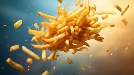 close up of fresh homemade potato chips on a blue background - obrazy, fototapety, plakaty