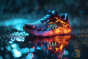 Holographic projection of a sports sneaker with neon lighting on navy blue background. Flickering flux of particle energy. Scientific design and engineering of sports shoes. - obrazy, fototapety, plakaty