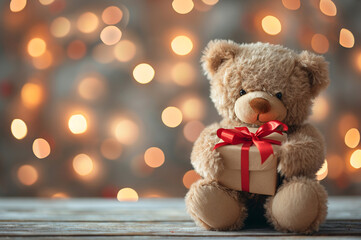 Obraz premium Warm Wishes: Cozy Teddy Bear with a Festive Gift - Valentine's day - love - background