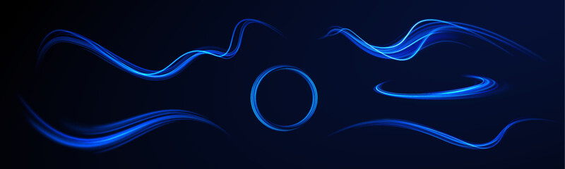 Wavy transparent curved lines in the form of the movement of sound waves in a set of different shapes of whirlpool, twist, spiral. Light arc in blue colors, in the form of a turn and a zigzag.	