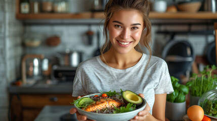 A young woman smiling and holding a bowl of healthy food