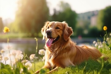 Retriever dog in spring park