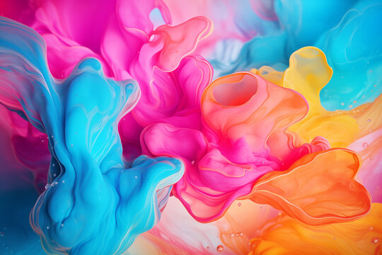 Vibrant and abstract background featuring fluid art. Trendy neon gradient in orange with a marble effect in purple, orange and blue. A stylish backdrop for websites, postcards, and notebooks.