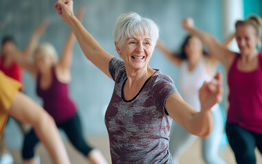 Mulheres idosas realizando dança moderna durante o treinamento em grupo na sala de fitness - obrazy, fototapety, plakaty