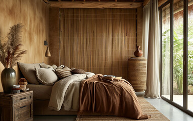 Quarto, Mesa de cabeceira de bambu perto da cama com manta marrom. Design de interiores moderno de uma fazenda com parede forrada e teto com vigas, oriental - obrazy, fototapety, plakaty