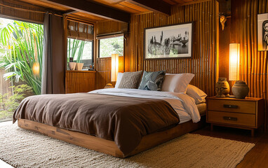 Quarto, Mesa de cabeceira de bambu perto da cama com manta marrom. Design de interiores moderno de uma fazenda com parede forrada e teto com vigas, oriental