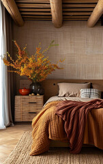 Mesa de cabeceira de bambu perto da cama com manta marrom. Design de interiores moderno de uma fazenda com parede forrada e teto com vigas, oriental - obrazy, fototapety, plakaty