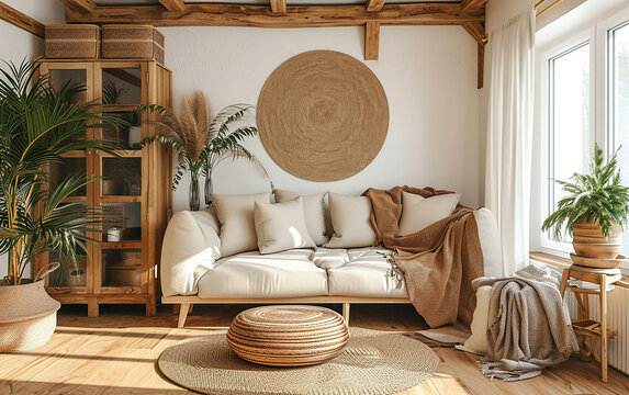 Arm&aacute;rio de bambu pr&oacute;ximo ao sof&aacute; com manta marrom. Design de interiores moderno da sala de estar da fazenda com parede forrada e teto com vigas, objetos orientais,