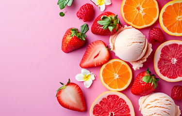 ice cream and slices of fruit lie chaotically on color pastel background, lie on the side, space for text, top view, flat lay