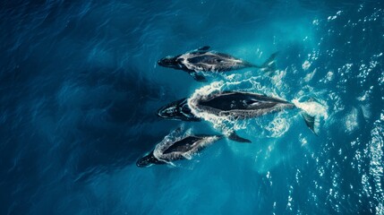 Aerial Tilt Down Shot Of Whales Splashing Water While Swimming In Ocean - Oahu, Hawaii    