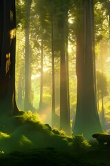 Forest landscapes with sun, fog and at night