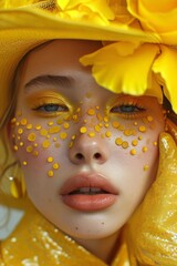 Portrait of a beautiful girl in a yellow hat with yellow flowers.