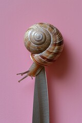 Snail with a knife on a pink background. Top view. Minimalistic and modern pop art.