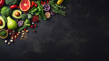 healthy eating and vegetarian concept, top view. fresh organic vegetable and fruit with spices on black background