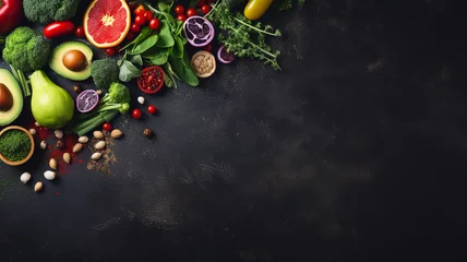 healthy eating and vegetarian concept, top view. fresh organic vegetable and fruit with spices on black background © Vahagn