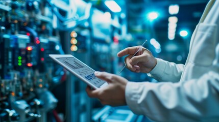 Person Holding Tablet in Front of Server