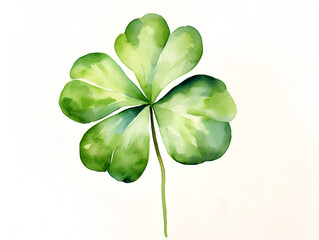Watercolor illustration of a green lucky shamrock leaf isolated on white background 