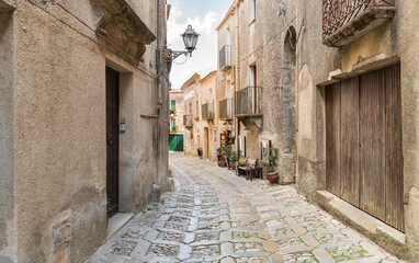 Narrow cobblestone street in the historical center of Erice, province of Trapani in Sicily, Italy