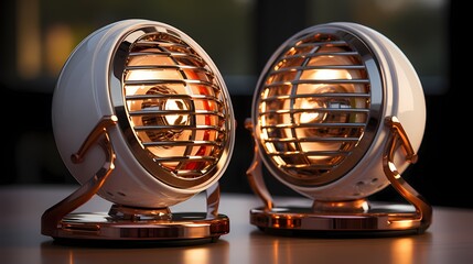 A pair of compact computer speakers with a metallic grille, offering a modern and industrial aesthetic