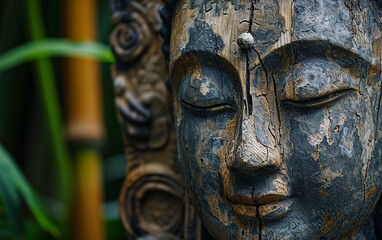 Fototapeta na wymiar Buda em floresta de bambu, paz interior 