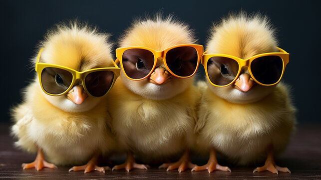 Cute spring baby chick wearing cool sunglasses.Generative AI